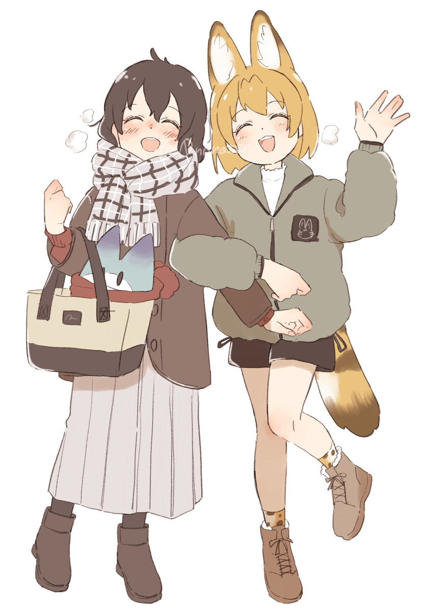 0nanaten, 2girls, absurdres, alternate_costume, animal_ears, animal_print, bag, black_hair