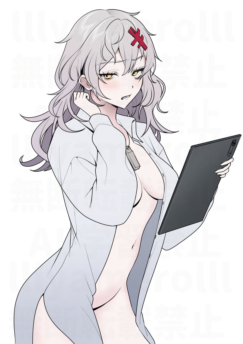 1girl, absurdres, adjusting_hair, annoyed, bags_under_eyes, blush, breasts, eyeshadow