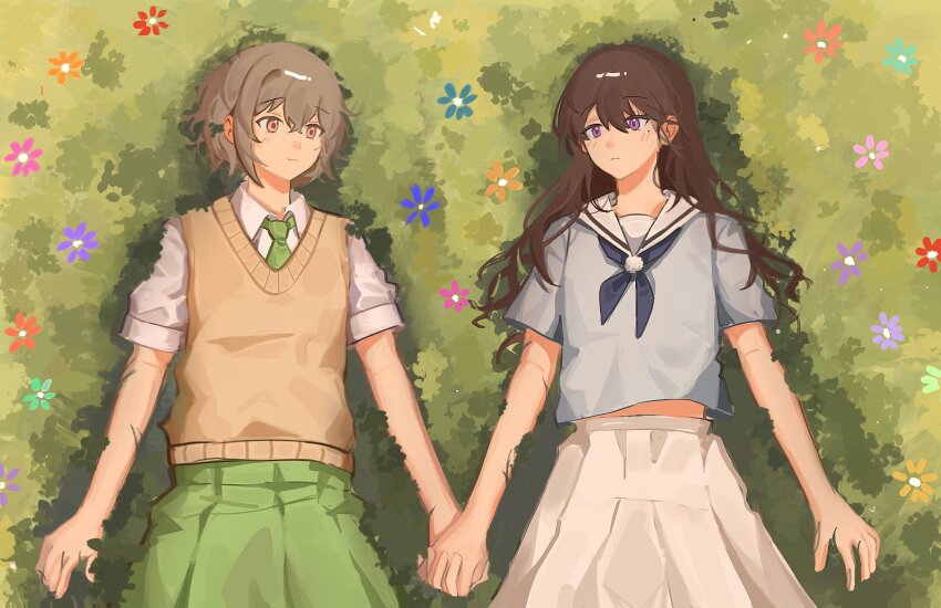 2girls, bang_dream!, bang_dream!_it's_mygo!!!!!, blue_neckerchief, blue_shirt, blush, brown_eyes, brown_sweater_vest