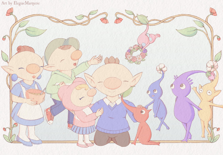 2boys, 2girls, ^_^, alternate_costume, apron, baseball_cap, batter, large_nose, bilingual_commentary, black_eyes, black_pants, blonde_hair, blue_background, blue_dress, blue_eyes, blue_footwear, blue_pants, blue_pikmin, blue_skin, blue_skirt, blue_sweater, border, bowl, brown_hair, bud, bun_cover, casual, child, closed_eyes, closed_mouth, collared_dress, collared_shirt, colored_skin, commentary, denim, double_bun, dress, dress_shirt, earrings, elegiacmarquise, english_commentary, eyelashes, family, flower, flying, green_hat, green_hoodie, group_hug, hair_bun, hand_on_own_chest, happy, hat, head_wreath, headpat, highres, holding, holding_bowl, holding_wreath, hood, hood_down, hood_up, hoodie, hug, husband_and_wife, insect_wings, jeans, jewelry, jumping, kneeling, leaf, lipstick, long_sleeves, makeup, medium_dress, miniskirt, mixed-language_commentary, multiple_boys, multiple_girls, nail_polish, nintendo, no_mouth, olimar, olimar's_daughter, olimar's_son, olimar's_wife, open_mouth, outside_border, outstretched_arm, pants, pantyhose, picture_frame, pikmin_(creature), pikmin_(series), pink_hood, pink_hoodie, pink_shoes, pink_skin, pink_sleeves, pleated_skirt, pointy_ears, pointy_nose, procreate_(medium), puffy_short_sleeves, puffy_sleeves, purple_hair, purple_pikmin, purple_skin, red_flower, red_footwear, red_lips, red_nails, red_pikmin, red_skin, redrawn, shirt, shirt_under_sweater, shoes, short_hair, short_sleeves, sitting, skirt, smile, sneakers, solid_circle_eyes, sphere_earrings, spoon, standing, straight-on, sweater, triangle_mouth, two-tone_hoodie, v-neck, very_short_hair, white_apron, white_border, white_flower, white_hoodie, white_pantyhose, white_shirt, winged_pikmin, wings, yellow_pikmin, yellow_skin