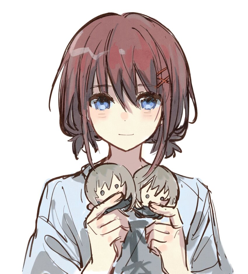 1girl, animal_ears, blue_eyes, blush, brown_hair, character_doll, closed_mouth, commentary