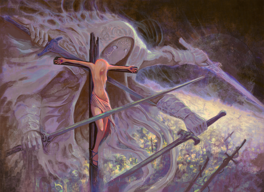 1girl, aleksi_remes, artist_name, commentary, cross, crucifixion, extra_arms, fantasy, hair_over_breasts, highres, holding, holding_sword, holding_weapon, hood, hood_up, long_hair, multiple_swords, original, sword, weapon