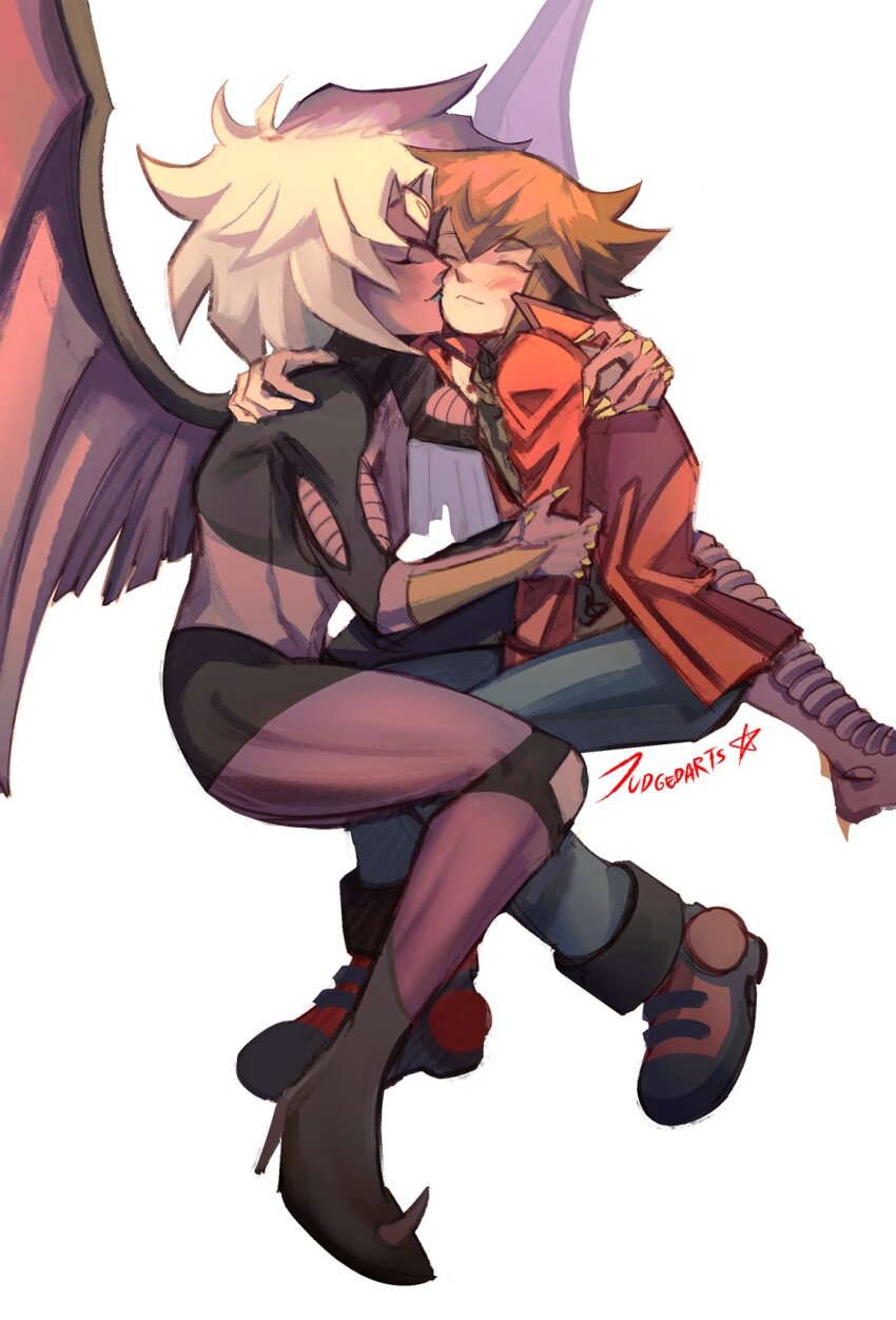 1boy, 1other, blue_hair, brown_hair, claws, closed_eyes, couple, demon_girl