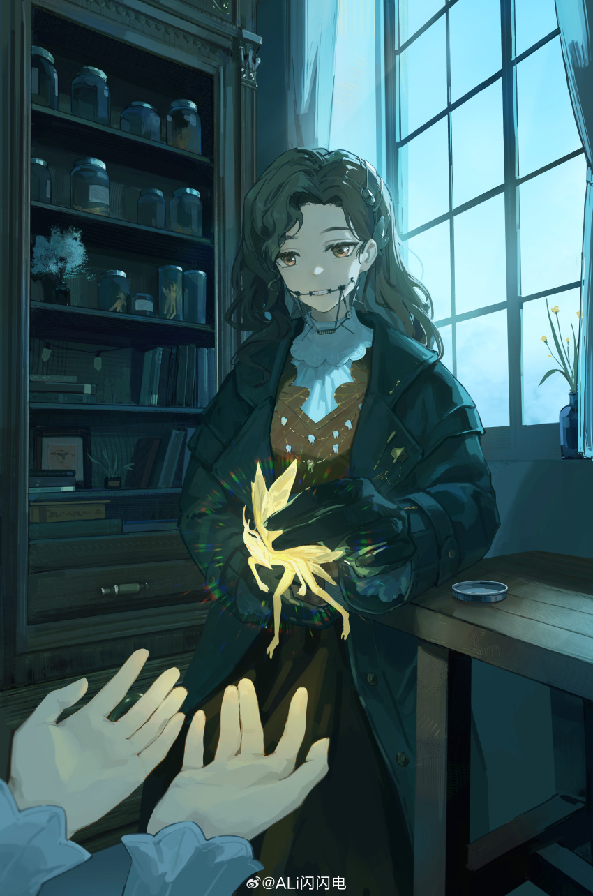 1girl, 1other, \||/, absurdres, ali_shanshandian, black_coat, black_gloves, book