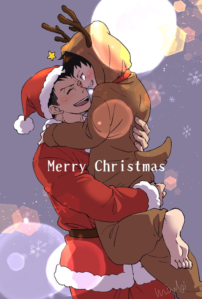 2boys, ^_^, age_difference, akitaru_oubi, animal_costume, antlers, barefoot, black_hair