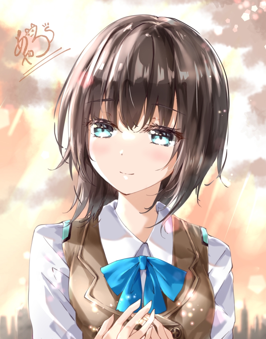 1girl, absurdres, aoi_erika, aqua_eyes, ayaro_(genkiloobaii), blue_bow, blue_bowtie, blush