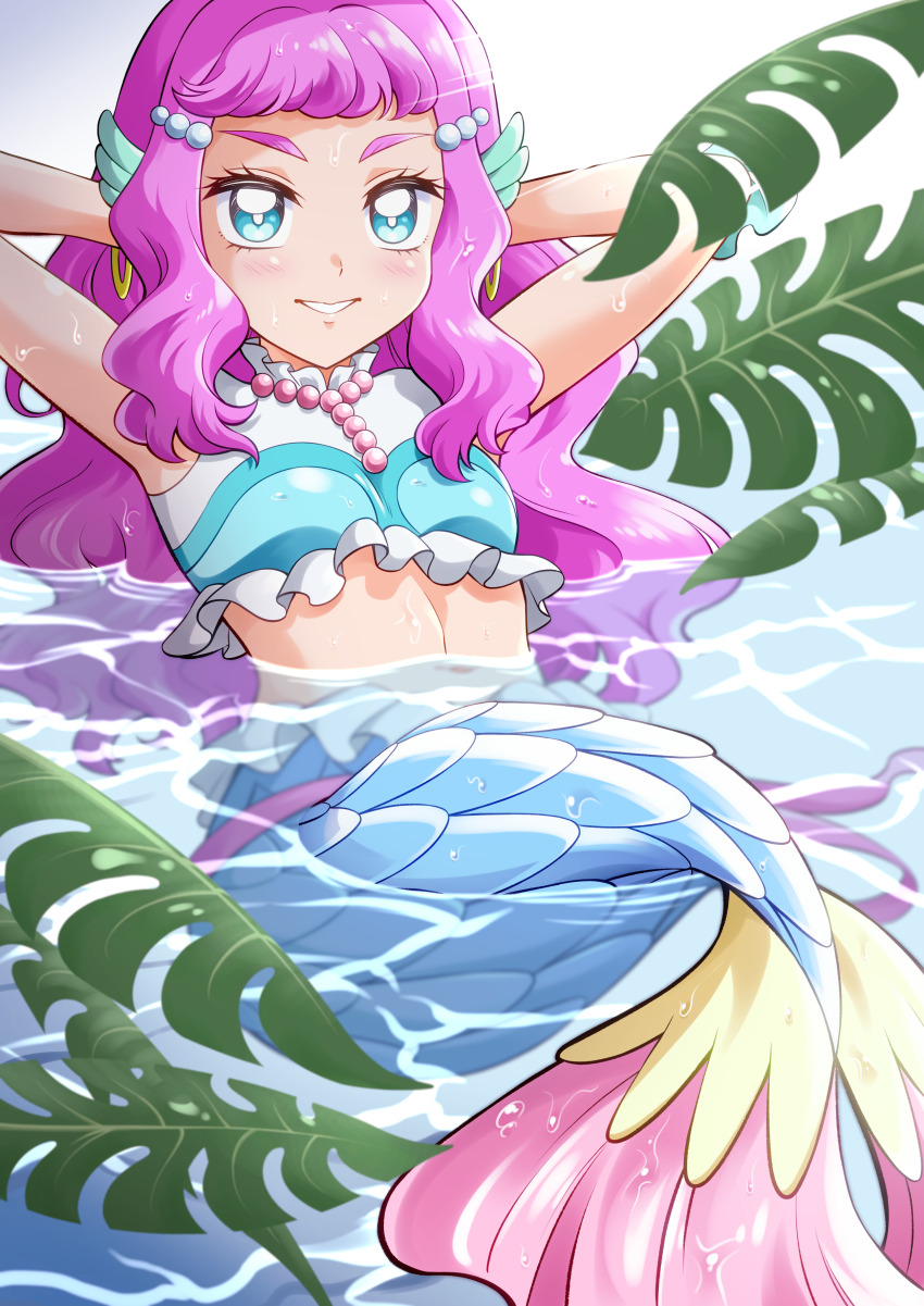 1girl, absurdres, arms_up, blue_eyes, blush, crop_top, earrings, highres, jewelry, laura_la_mer, leaf, long_hair, mermaid, midriff, monster_girl, multicolored_shirt, navel, necklace, open_mouth, pearl_hair_ornament, precure, purple_hair, raina_(14758801), smile, solo, tropical-rouge!_precure, water