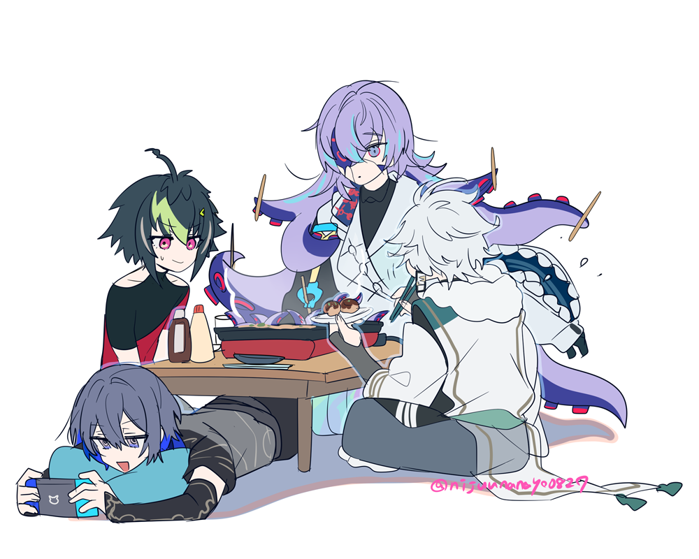 4boys, :d, :o, antenna_hair, artist_name, black_gloves, black_hair, black_shirt