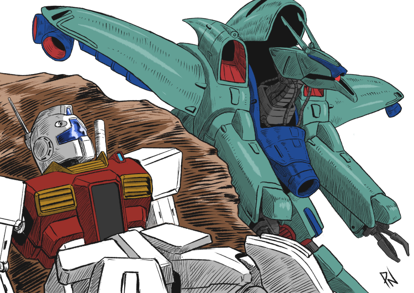 1980s_(style), absurdres, beam_cannon, chest_cannon, commentary_request, earth_federation, fake_screenshot, gm_ii, gundam, gundam_zz, hiding, highres, jamru_fin, machinery, mecha, mecha_focus, mobile_suit, neo_zeon, oldschool, one-eyed, pincers, primate_nemesis, radio_antenna, retro_artstyle, robot, science_fiction, signature, sketch