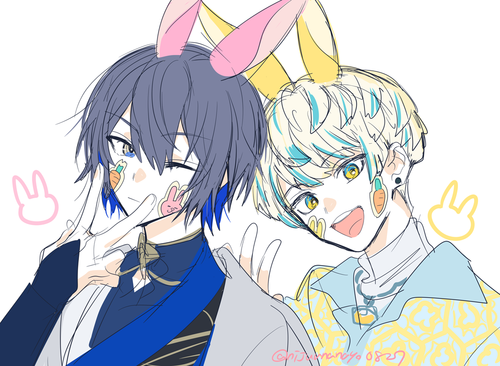 2boys, :d, animal_ears, artist_name, blonde_hair, blue_eyes, blue_hair, blue_shirt