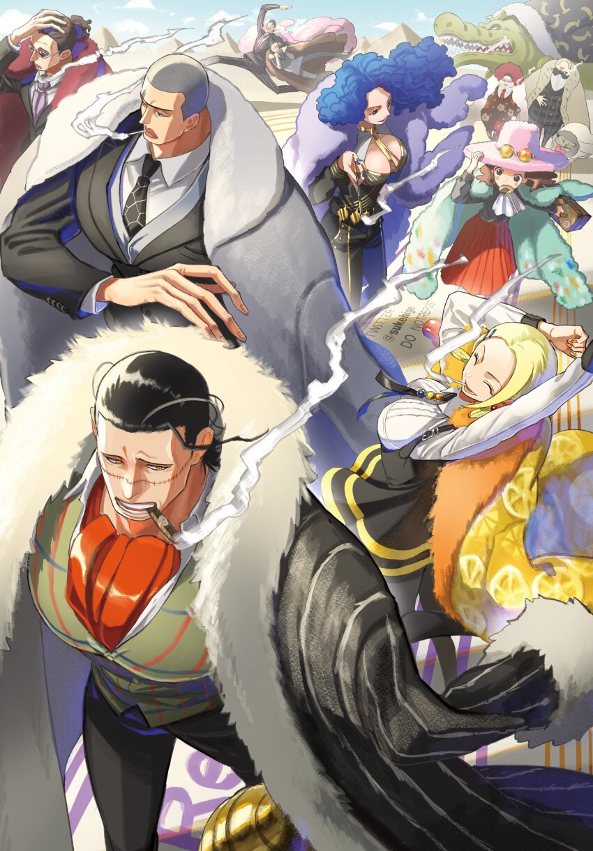 4girls, 6+boys, ^_^, absurdres, arms_up, ascot, bananawani_(one_piece), black_bow