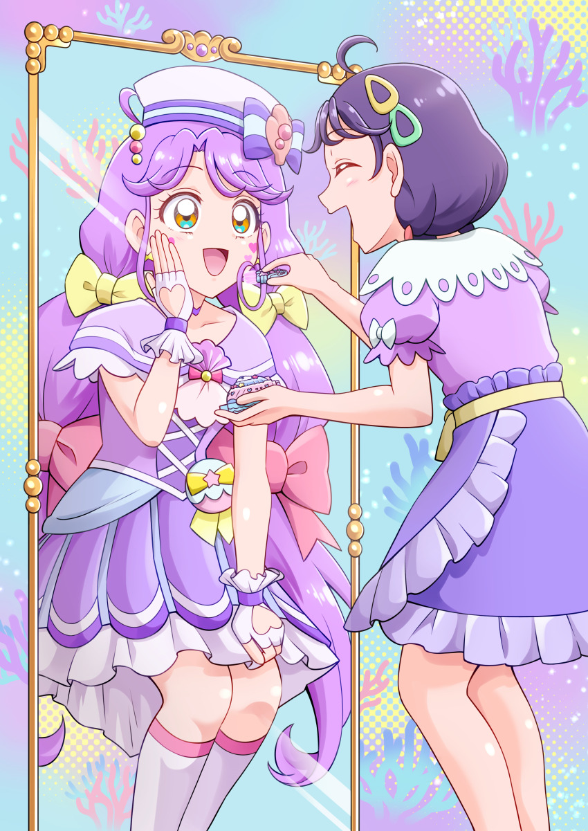 2girls, absurdres, ahoge, blush, bow, brooch, cake, closed_eyes, clothing_cutout, cure_coral, dress, earrings, fingerless_gloves, food, gloves, hair_bow, hat, heart_cutout, highres, holding, holding_food, jewelry, long_hair, magical_girl, medium_hair, mirror, multiple_girls, open_mouth, orange_eyes, precure, puffy_short_sleeves, puffy_sleeves, purple_dress, purple_hair, purple_shirt, purple_skirt, raina_(14758801), red_bow, sailor_hat, shell_brooch, shirt, short_sleeves, skirt, smile, socks, suzumura_sango, tropical-rouge!_precure, very_long_hair, white_gloves, white_hat, white_socks, yellow_bow