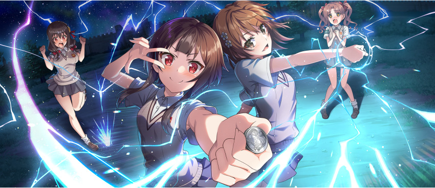 +_+, 4girls, armband, bow, braid, breasts, brown_eyes, brown_footwear