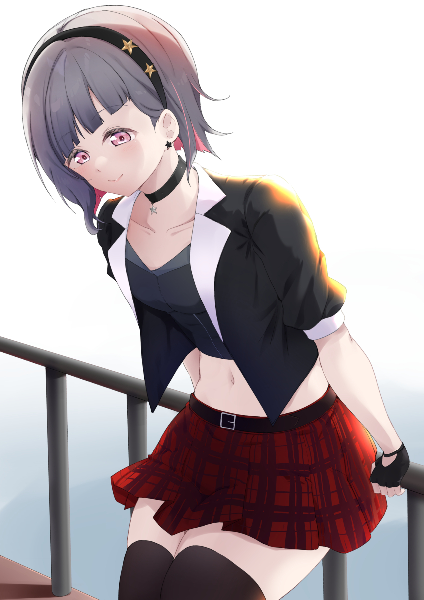 1girl, absurdres, against_railing, black_choker, black_gloves, black_jacket, black_thighhighs, blush