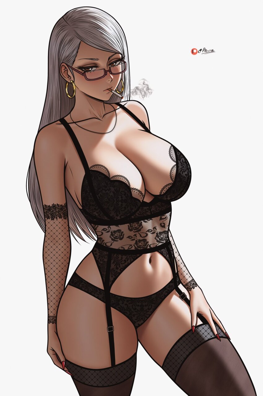 1girl, ai-assisted, ayase_seiko, black_bra, black_panties, bra, breasts, brown_eyes, cigarette, cleavage, collarbone, dandadan, earrings, female_focus, garter_belt, glasses, hair_down, hand_on_own_thigh, highres, hoop_earrings, jewelry, lace, lace-trimmed_bra, lace-trimmed_panties, lace-trimmed_sleeves, lace_trim, large_breasts, lingerie, long_hair, looking_at_viewer, mature_female, navel, necklace, panties, patreon_logo, prixmal, red-framed_eyewear, red_nails, semi-rimless_eyewear, signature, simple_background, smoke, smoke_trail, smoking, solo, standing, thighhighs, underwear, underwear_only, white_background, white_hair