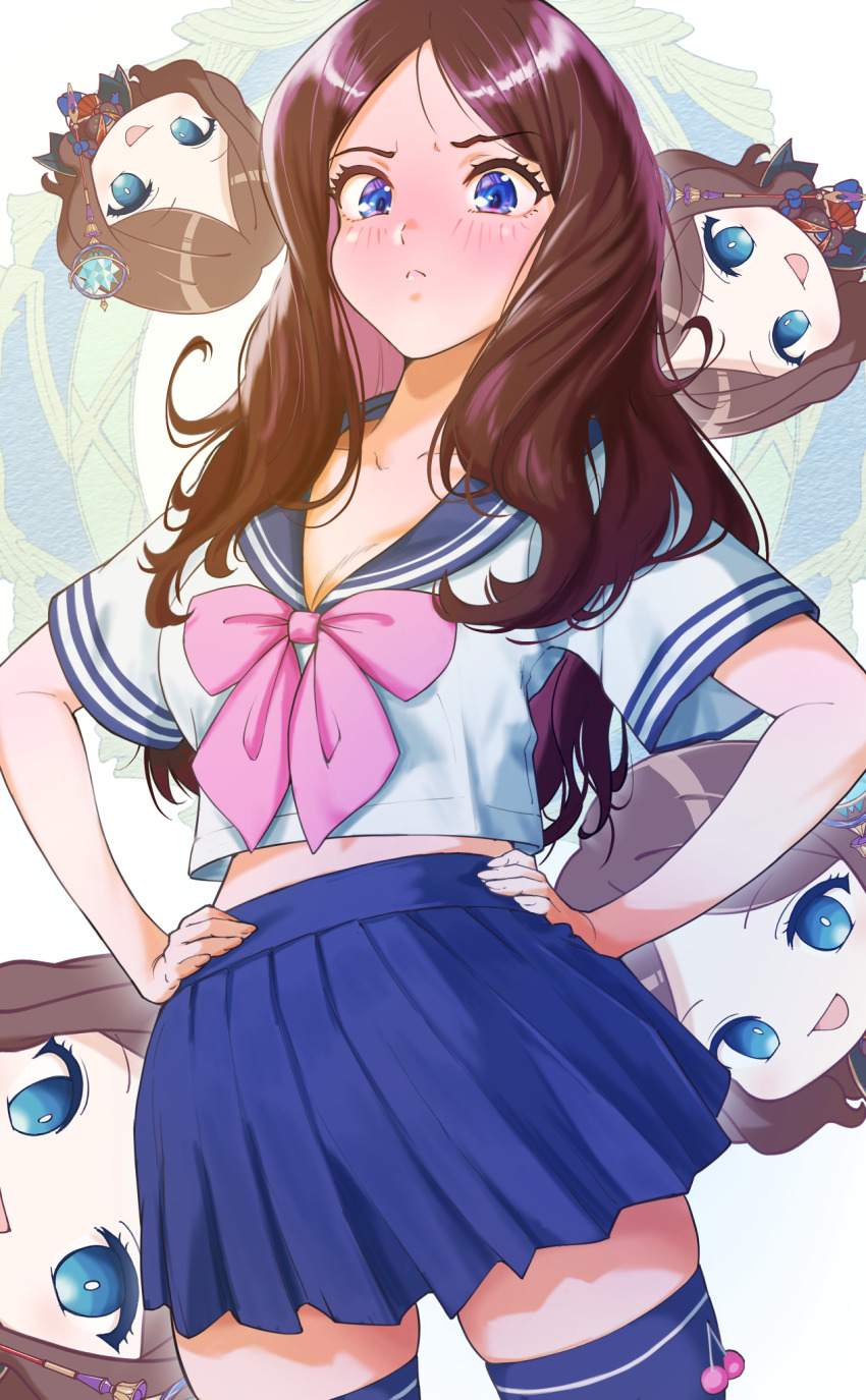 1girl, :<, arakan, blue_eyes, blue_skirt, blue_thighhighs, blush, brown_hair