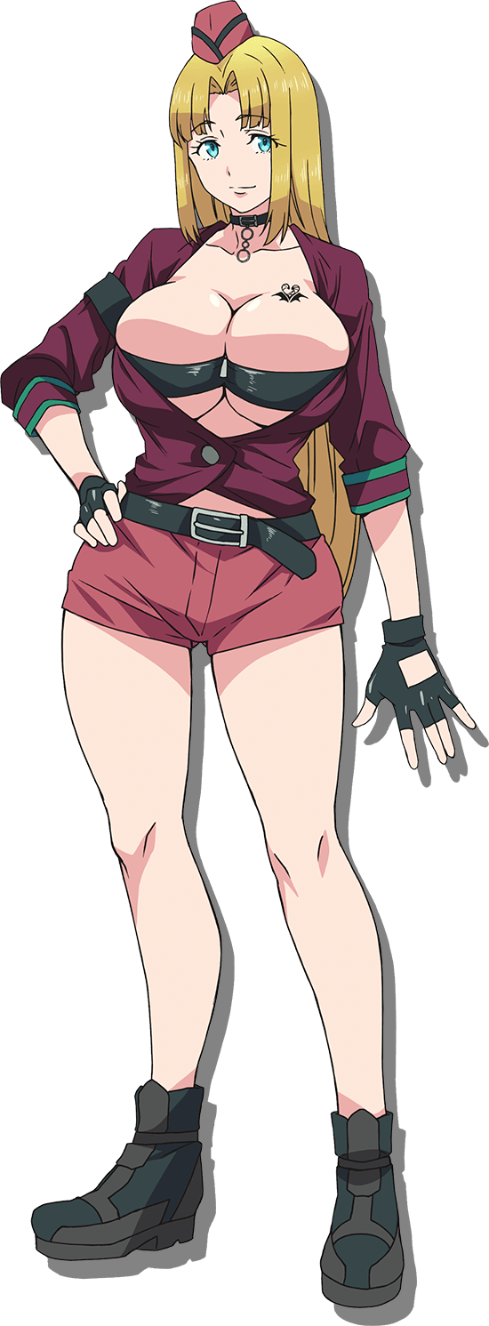 1girl, bandeau, belt, blonde_hair, blue_eyes, breast_tattoo, breasts, chloe_mansfield, choker, cleavage, collarbone, fingerless_gloves, full_body, garrison_cap, gloves, hand_on_own_hip, hat, highres, large_breasts, long_hair, mansfield_chloe, official_art, short_shorts, shorts, shuumatsu_no_harem, solo, tattoo, thighs