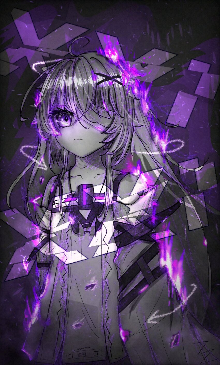 1girl, ahoge, bandage_over_one_eye, closed_mouth, detached_sleeves, dress, grey_dress, grey_hair, hair_ornament, highres, long_hair, no._21:_xxi_(pgr), no._21_(pgr), punishing:_gray_raven, purple_eyes, sanx7, sleeves_past_fingers, sleeves_past_wrists, solo, suspenders, very_long_hair, x_hair_ornament