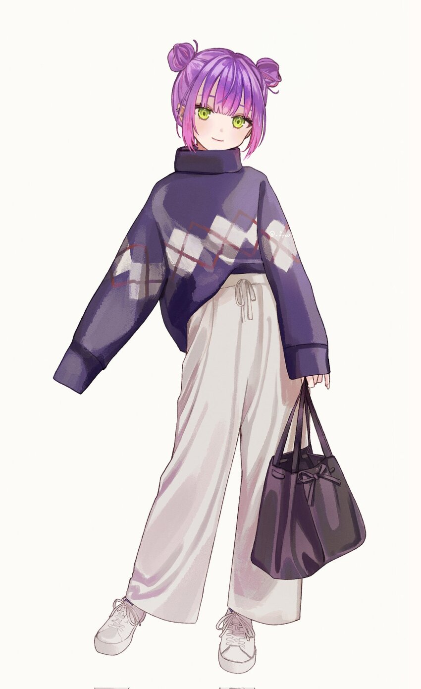 1girl, alternate_costume, alternate_hairstyle, bag, casual, closed_mouth, double_bun, ear_piercing