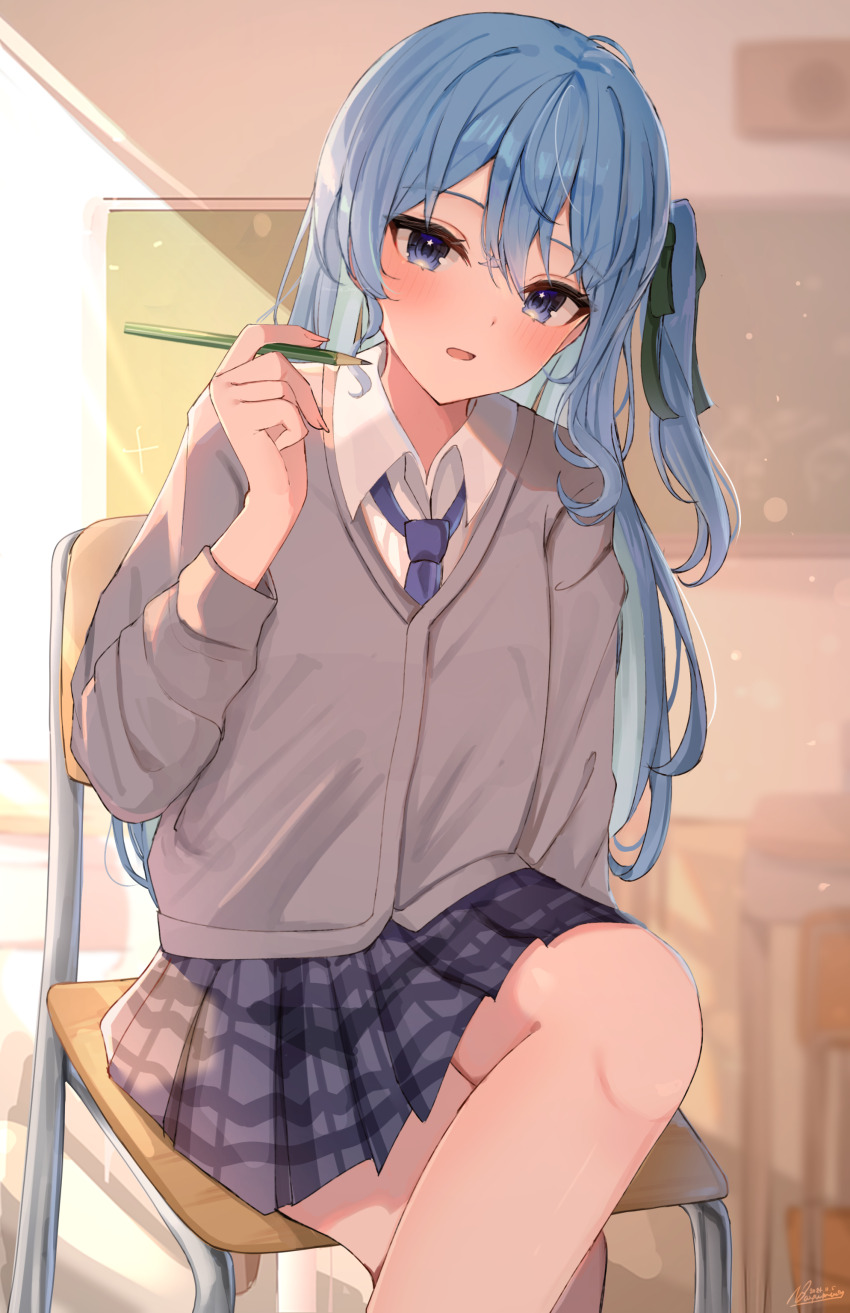 1girl, absurdres, alternate_costume, blue_eyes, blue_hair, blue_necktie, blush, cardigan