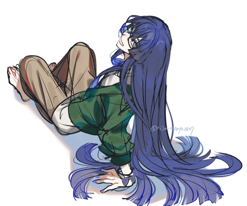 1boy, arm_support, artist_name, barefoot, black-framed_eyewear, blue_eyes, blue_hair, bracelet, brown_pants, cardigan, commentary_request, fingernails, glasses, green_cardigan, grin, hair_between_eyes, highres, jewelry, knees_up, long_hair, long_sleeves, looking_at_viewer, looking_back, male_focus, nagao_kei, nagao_kei_(4th_costume), nail_polish, nijisanji, ninahachi, official_alternate_costume, pants, purple_nails, semi-rimless_eyewear, shirt, simple_background, sitting, sketch, smile, solo, twitter_username, under-rim_eyewear, very_long_hair, virtual_youtuber, white_background, white_shirt