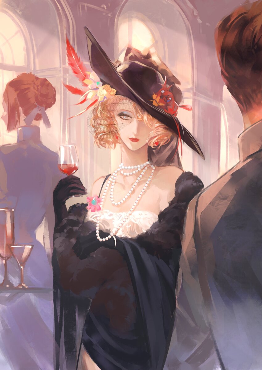 1boy, 2girls, absurdres, black_gloves, black_hat, cup, decemberrain777, elbow_gloves