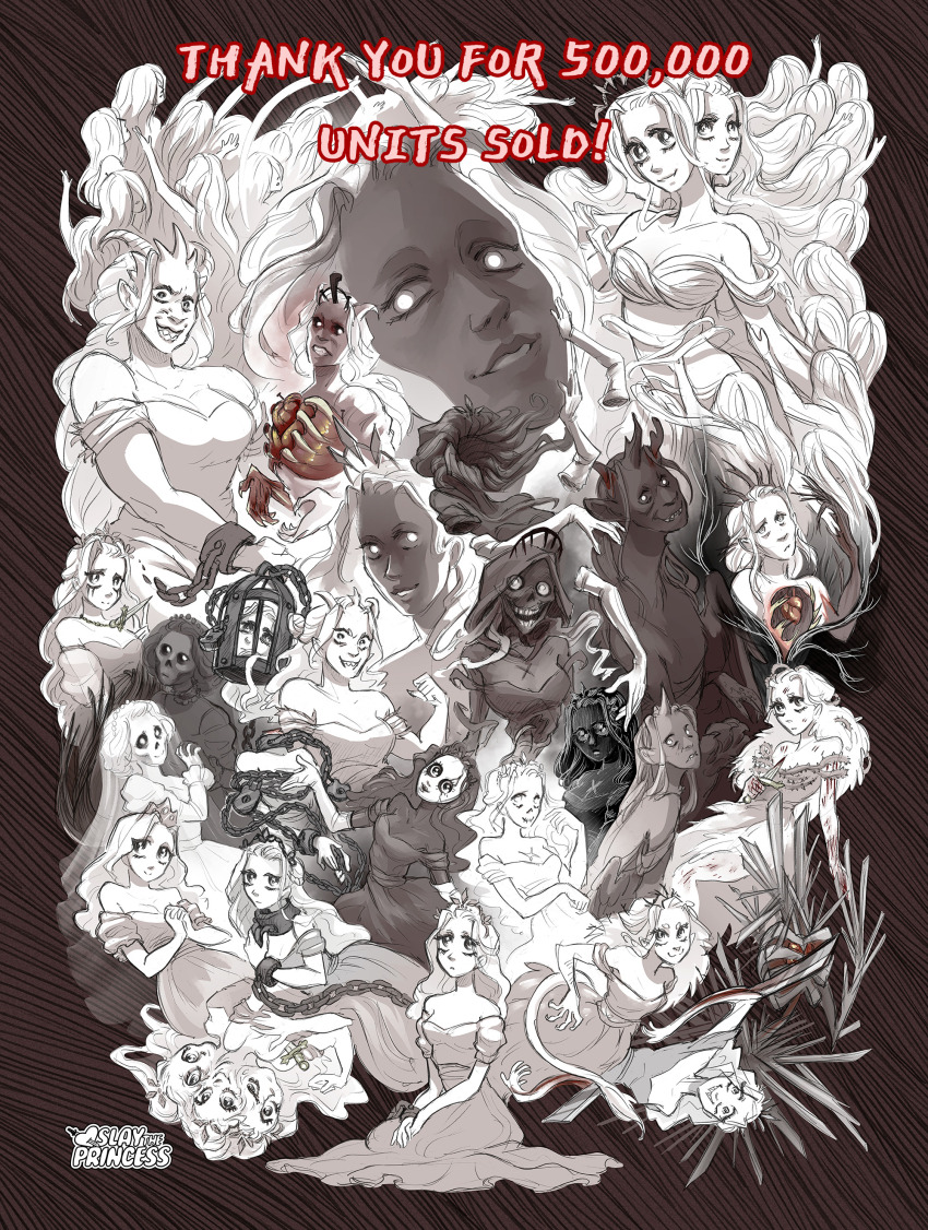 abby_howard, absurdres, breasts, cleavage, cuffs, demon_girl, dress, evil_smile