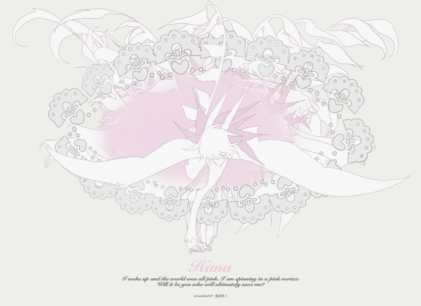 abstract_background, animal_ears, creature, english_text, flower, full_body, highres, kamikiririp