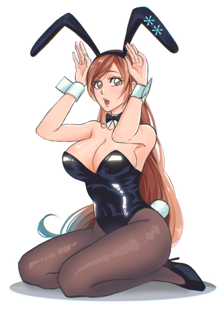 1girl, animal_ears, bare_shoulders, black_leotard, bleach, breasts, brown_eyes, collarbone, cuffs, fake_animal_ears, fake_bunny_ears, fake_tail, female_focus, hair_ornament, hairclip, high_heels, highres, inoue_orihime, large_breasts, leotard, long_hair, open_mouth, playboy_bunny, rabbit_tail, simple_background, strapless, strapless_leotard, tail, viii_00908, white_background, white_wrist_cuffs, wrist_cuffs