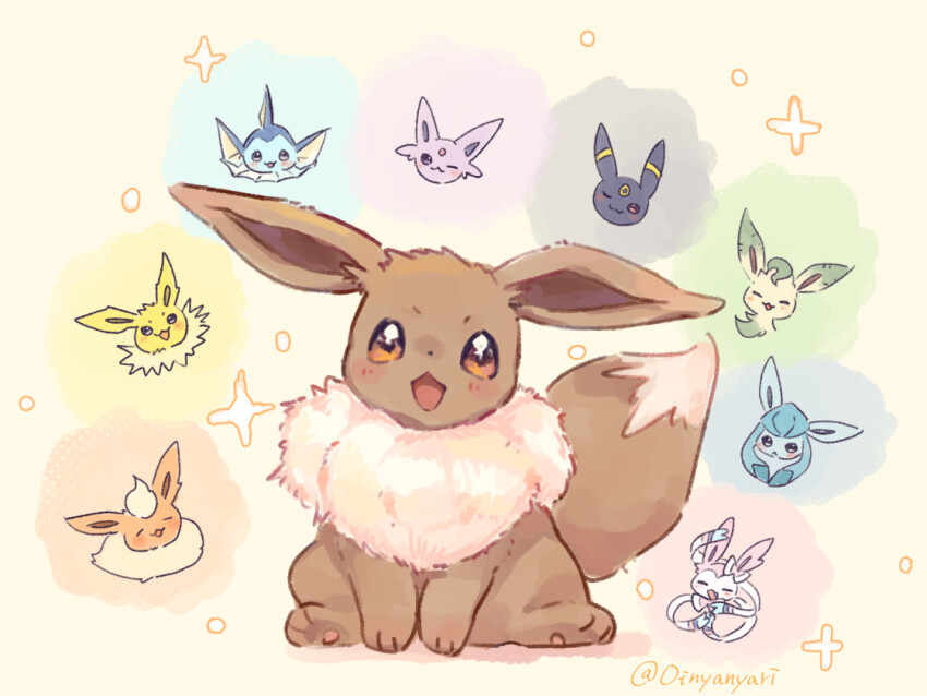 animal_focus, blush, bright_pupils, eevee, espeon, flareon, gen_1_pokemon, gen_2_pokemon, gen_4_pokemon, gen_6_pokemon, glaceon, jolteon, leafeon, looking_at_viewer, nintendo, no_humans, oinyanyari, open_mouth, pokemon, pokemon_(creature), simple_background, sitting, sylveon, twitter_username, umbreon, vaporeon, white_pupils, yellow_background