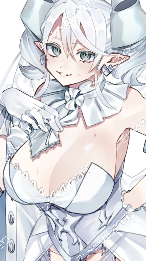 1girl, bare_shoulders, breasts, cleavage, country_takeuchi, cowboy_shot, demon_girl, demon_horns, demon_wings, dress, drill_hair, duel_monster, earrings, gloves, grey_eyes, grey_hair, horns, jewelry, large_breasts, lovely_labrynth_of_the_silver_castle, medium_breasts, pointy_ears, solo, twin_drills, white_dress, white_gloves, white_wings, wings, yu-gi-oh!