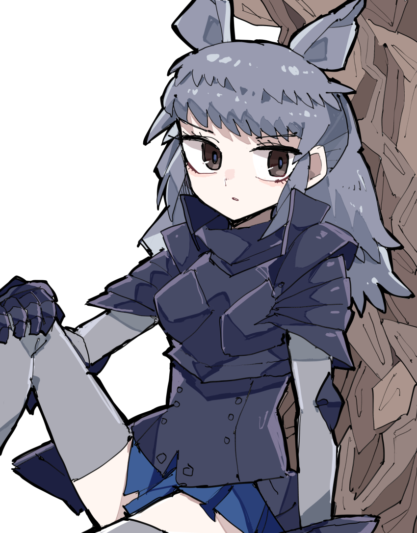 1girl, absurdres, armor, black_rhinoceros_(kemono_friends), brown_eyes, grey_hair, highres, kanmoku-san