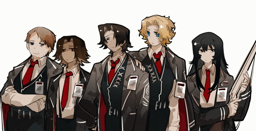 1girl, 4boys, aislan, anya_(mouthwashing), belt, black_belt, black_coat, black_vest