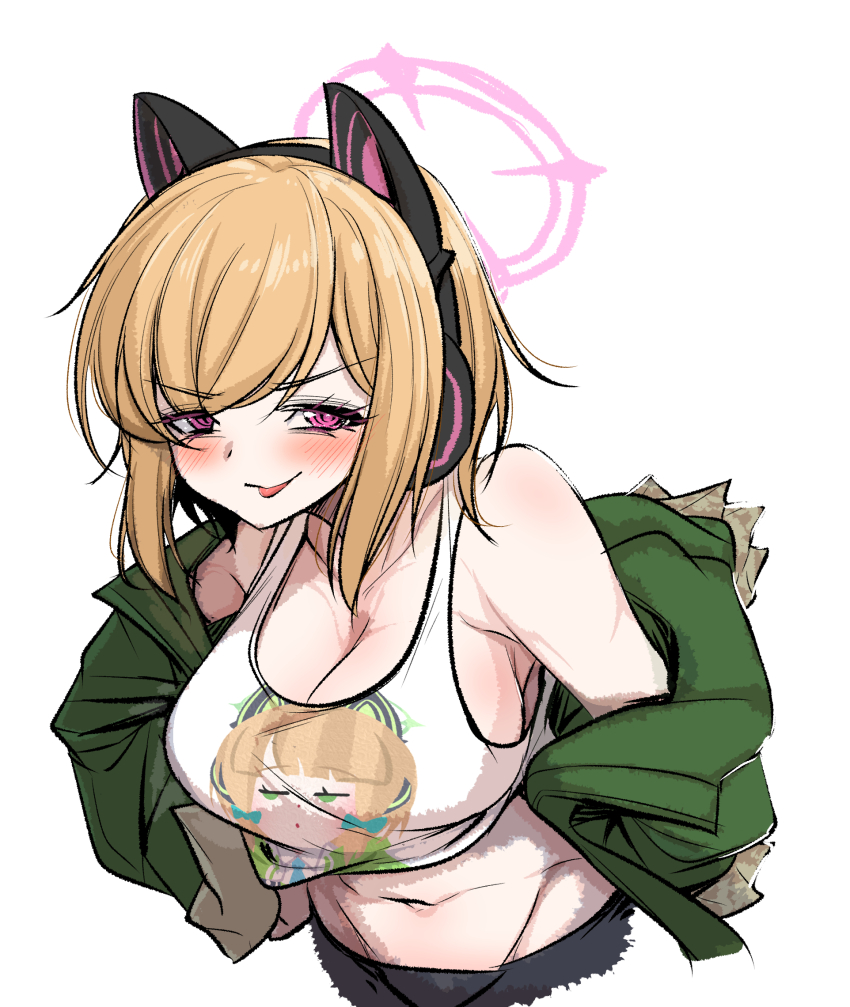 1girl, alternate_breast_size, animal_ear_headphones, animal_ears, blonde_hair, blue_archive, blush, breasts