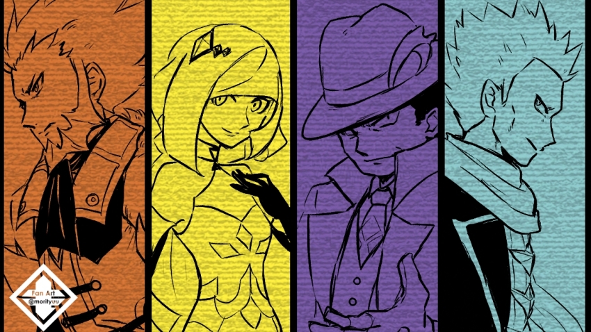 1girl, 3boys, artist_logo, beard, cyrus_(pokemon), cyrus_(sygna_suit)_(pokemon), facial_hair, giovanni_(pokemon), giovanni_(sygna_suit)_(pokemon), gloves, logo, looking_at_viewer, lusamine_(pokemon), lusamine_(sygna_suit)_(pokemon), lysandre_(pokemon), lysandre_(sygna_suit)_(pokemon), morityuu, multiple_boys, nintendo, official_alternate_costume, pokemon, pokemon_masters_ex, scarf, spiked_hair, team_flare, team_galactic, team_rocket