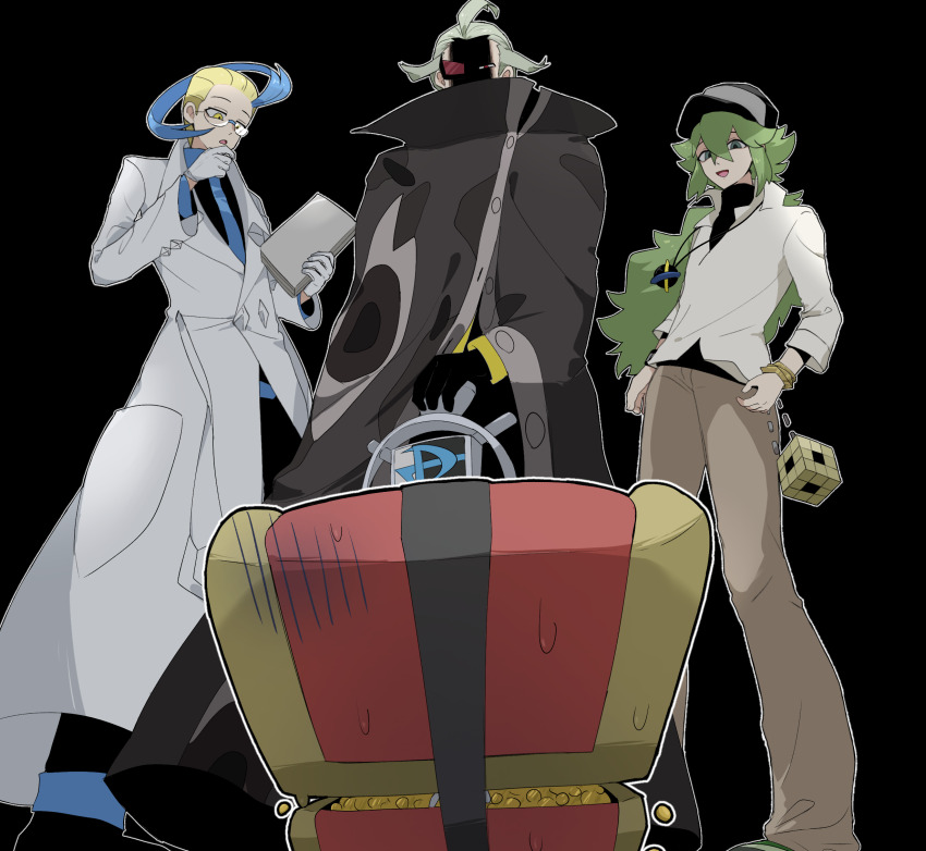 3boys, baseball_cap, black_background, blonde_hair, blue_hair, cane, colress_(pokemon), ghetsis_(pokemon), gimmighoul, gimmighoul_(chest), glasses, green_hair, hat, highres, holding, holding_cane, lab_coat, looking_down, male_focus, multicolored_hair, multiple_boys, n_(pokemon), nintendo, outline, pokemon, pokemon_(creature), pokemon_black_2_and_white_2, shaded_face, simple_background, suta_5255, team_plasma, treasure_chest, two-tone_hair, undershirt, white_outline