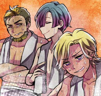 3boys, asymmetrical_hair, beard, blonde_hair, blue_hair, blunt_bangs, character_request, closed_eyes