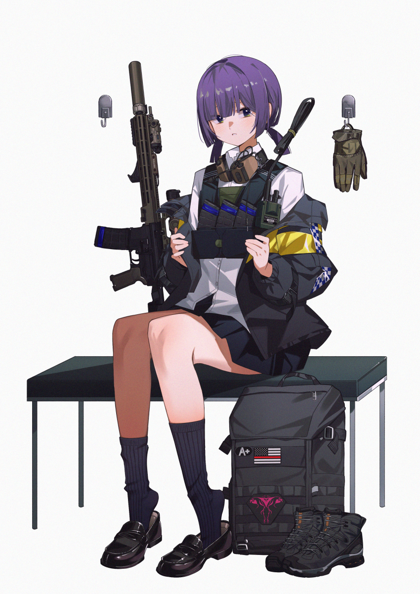 1girl, absurdres, ar-15, assault_rifle, bandage_on_face, bandages, bei_hua, bench, dress_shirt, gloves, green_eyes, gun, highres, hook, jacket, load_bearing_vest, loafers, looking_at_viewer, off_shoulder, open_clothes, open_jacket, optical_sight, original, pleated_skirt, purple_hair, rifle, shirt, shoes, short_twintails, simple_background, sitting, skirt, solo, thin_blue_line, twintails, untucked_shirt, unworn_gloves, unworn_headwear, unworn_shoes, weapon, white_background, white_shirt