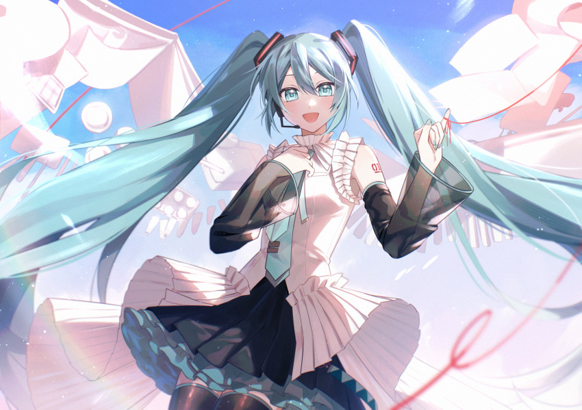1girl, :d, aqua_eyes, aqua_hair, aqua_nails, aqua_necktie, arm_tattoo, bare_shoulders, black_skirt, black_sleeves, black_thighhighs, blue_sky, book, chio_(akiciou), commentary, cowboy_shot, detached_sleeves, drawing_tablet, english_commentary, fake_wings, floating_clothes, floating_hair, frilled_shirt_collar, frilled_skirt, frills, hair_between_eyes, hand_on_own_chest, hands_up, hatsune_miku, hatsune_miku_happy_16th_birthday_-dear_creators-, headset, highres, light_particles, long_hair, long_sleeves, looking_at_viewer, necktie, number_tattoo, open_book, open_mouth, petticoat, piano_keys, pleated_skirt, see-through_clothes, see-through_sleeves, shirt, sidelocks, skirt, sky, sleeveless, sleeveless_shirt, smile, solo, string, string_of_fate, tattoo, thighhighs, tie_clip, twintails, very_long_hair, vocaloid, white_shirt, wide_sleeves, wind, wings