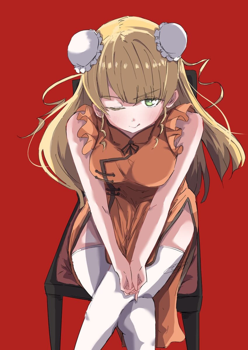 1girl, blonde_hair, blunt_bangs, breasts, bun_cover, chair, china_dress, chinese_clothes, commentary, dhuno_g, double_bun, dress, frilled_dress, frills, green_eyes, hair_bun, heanna_sumire, highres, large_breasts, love_live!, love_live!_superstar!!, official_alternate_costume, on_chair, one_eye_closed, orange_dress, pelvic_curtain, red_background, side_slit, simple_background, sitting, sleeveless, sleeveless_dress, solo, thighhighs, white_thighhighs