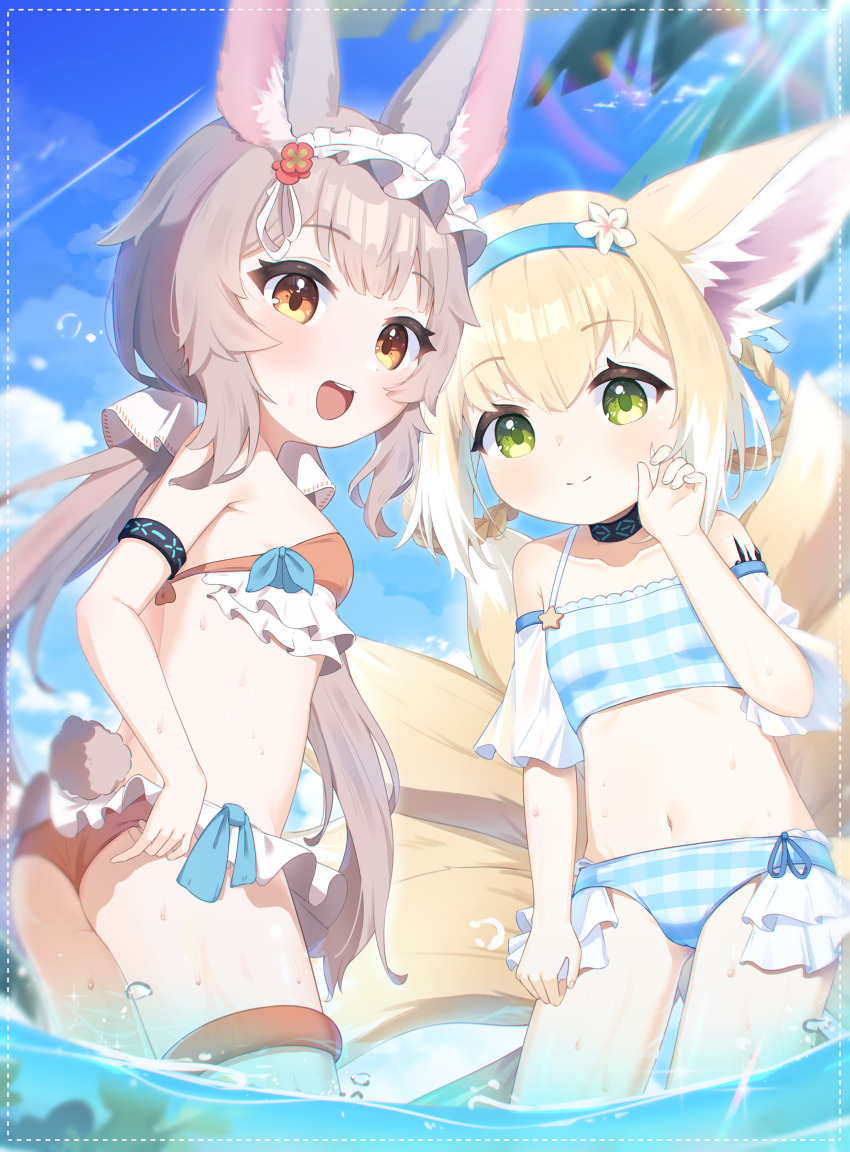 2girls, :d, absurdres, alternate_costume, animal_ears, arknights, bikini, blonde_hair, blue_bikini, blue_hairband, blush, braid, braided_hair_rings, breasts, cameltoe, checkered_clothes, closed_mouth, commentary_request, cowboy_shot, detached_sleeves, flower, fox_ears, fox_girl, fox_tail, frilled_bikini, frilled_hairband, frills, green_eyes, hair_flower, hair_ornament, hair_rings, hairband, highres, infection_monitor_(arknights), kattowu, kitsune, kyuubi, looking_at_viewer, material_growth, multiple_girls, multiple_tails, navel, open_mouth, orange_bikini, orange_eyes, oripathy_lesion_(arknights), rabbit_ears, rabbit_girl, rabbit_tail, small_breasts, smile, suzuran_(anmi's_swimsuit)_(arknights), suzuran_(arknights), swimsuit, tail, teeth, upper_teeth_only, warmy_(arknights)