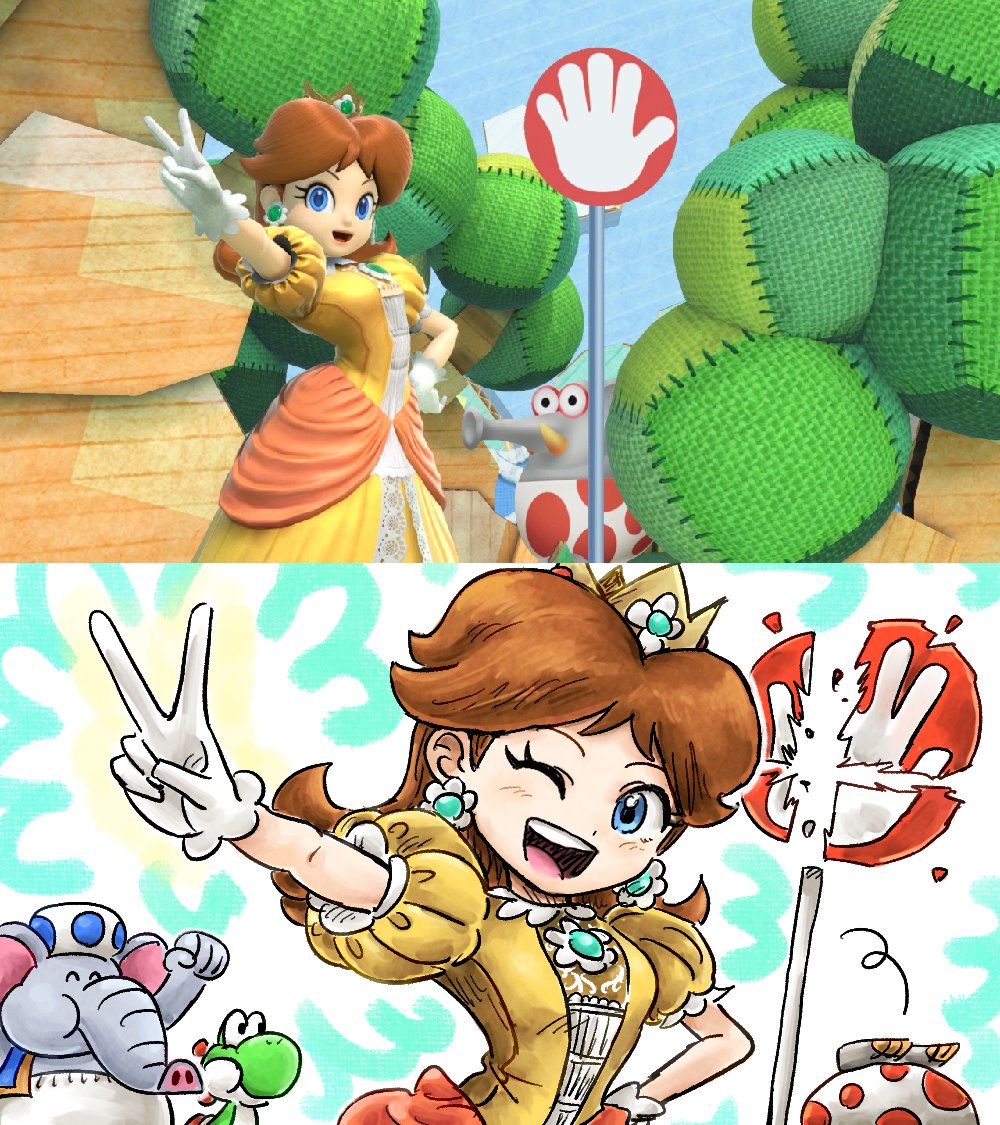 1boy, 1girl, animal_ears, blue_eyes, blue_toad_(mario), brown_hair, closed_eyes, crown, dress, earrings, elephant, elephant_ears, elephant_toad_(mario), flower_earrings, game_screenshot_inset, gloves, hand_on_own_hip, jewelry, kicdon, long_hair, mario_(series), nintendo, one_eye_closed, open_mouth, orange_dress, pak_e._derm, princess_daisy, puffy_short_sleeves, puffy_sleeves, short_sleeves, sign, smile, super_mario_bros._wonder, super_smash_bros., toad_(mario), tree, v, white_gloves, yoshi, yoshi's_story