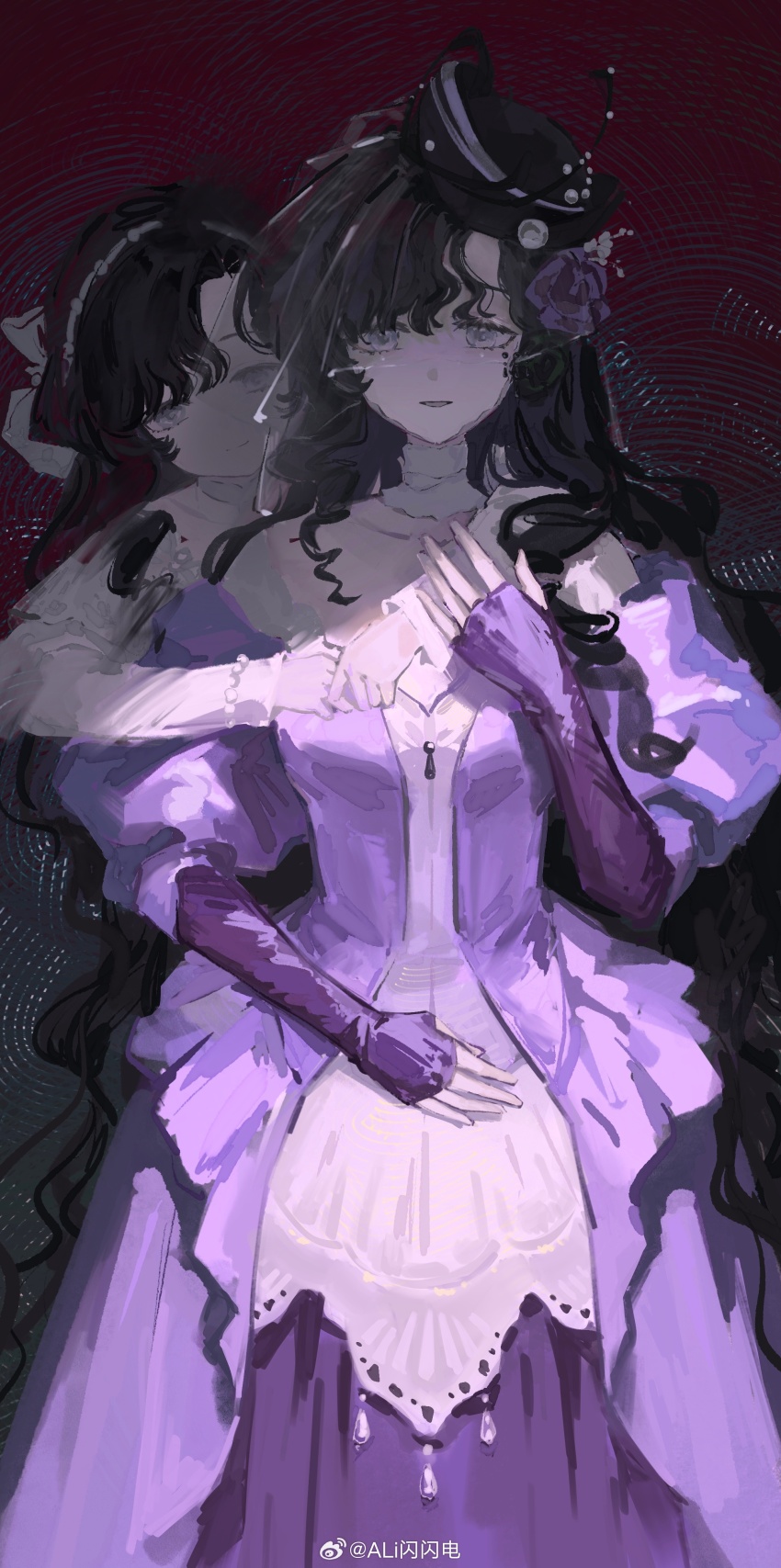 1girl, absurdres, aged_down, ali_shanshandian, arms_around_neck, bare_shoulders, behind_another, black_flower, black_hair, black_hat, child, dark_background, dress, flower, hair_flower, hair_ornament, hairband, hand_up, hat, highres, isolde_(reverse:1999), jewelry, juliet_sleeves, long_dress, long_hair, long_sleeves, looking_at_viewer, necklace, own_hands_together, parted_lips, pearl_necklace, puffy_sleeves, purple_dress, purple_eyes, purple_flower, reverse:1999, see-through_clothes, see-through_veil, shade, smile, solo, straight-on, time_paradox, veil, very_long_hair, watermark, wavy_hair, weibo_watermark, white_dress, white_hairband