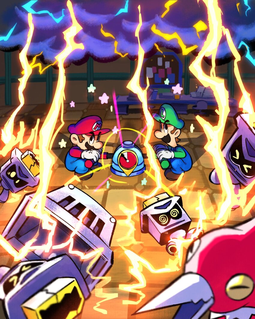 2boys, blue_overalls, brothers, brown_hair, facial_hair, gloves, green_hat, green_shirt, hat, helmet_zok_trooper, highres, lightning, luigi, mario, mario_&amp;_luigi:_brothership, mario_&amp;_luigi_rpg, mario_(series), multiple_boys, mustache, nintendo, overalls, red_hat, red_shirt, shirt, short_hair, siblings, snaptor, white_gloves, yamari_(ya_mari_6363)