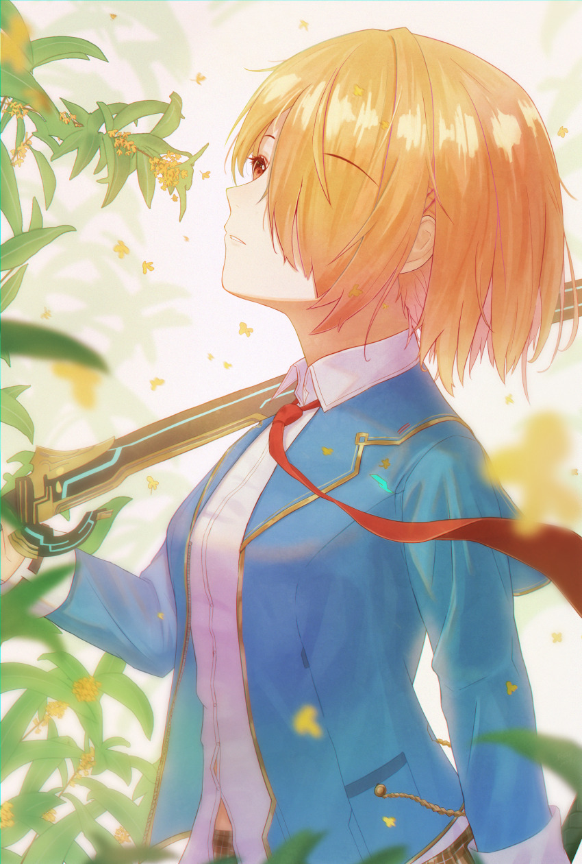 1girl, absurdres, blonde_hair, blue_jacket, blurry, blurry_foreground, breasts, brown_skirt, collared_shirt, commentary_request, depth_of_field, flowingcrescent, gold_osmanthus, hair_over_one_eye, heaven_burns_red, highres, holding, holding_sword, holding_weapon, jacket, kayamori_ruka, long_sleeves, medium_breasts, necktie, one_eye_covered, open_clothes, open_jacket, parted_lips, plaid_clothes, plaid_skirt, red_eyes, red_necktie, school_uniform, shirt, short_hair, skirt, solo, standing, sword, weapon, white_shirt