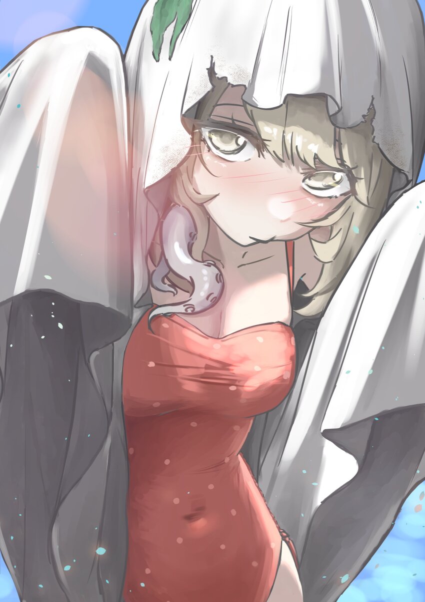 1girl, absurdres, blue_background, blush, breasts, buty_222, cleavage, covered_navel, ghost_costume, grey_eyes, grey_hair, hands_up, highres, looking_at_viewer, medium_breasts, medium_hair, one-piece_swimsuit, poltergeist_(reverse:1999), red_one-piece_swimsuit, reverse:1999, seaweed, sheet_ghost, solo, swimsuit, tentacles, upper_body