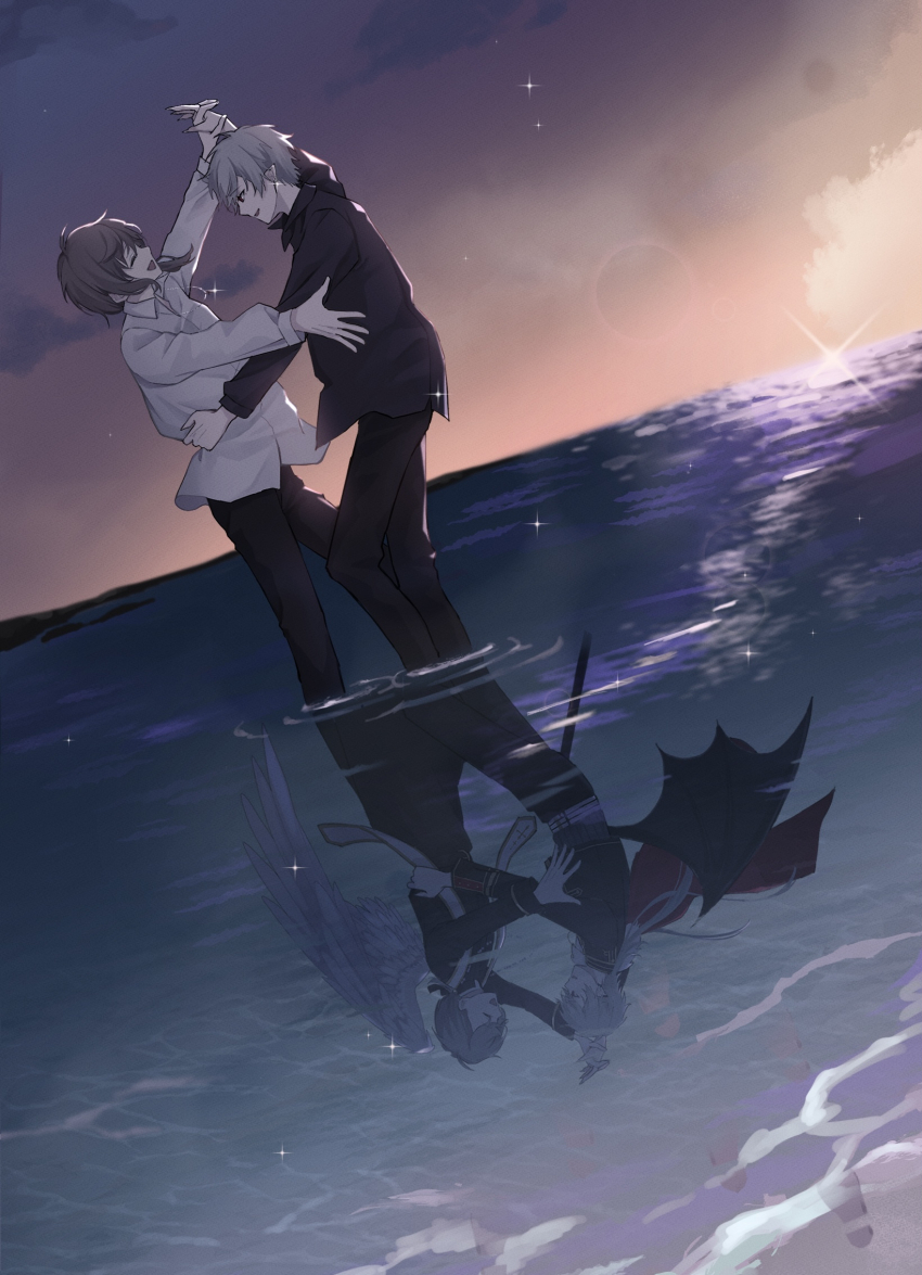 2boys, :d, ^_^, angel_wings, arm_up, bat_wings, belt, black_jacket