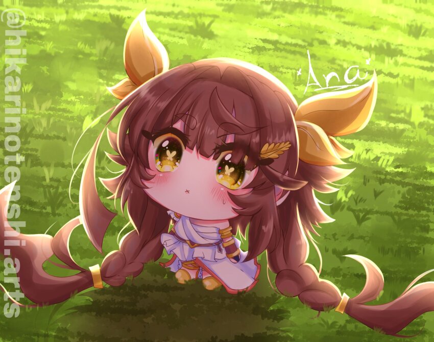 1girl, armlet, asymmetrical_dress, belt, blush, braid, brown_belt, brown_hair, butterfly-shaped_pupils, chibi, chibi_only, closed_mouth, commentary, derivative_work, di_gi_charat, dress, english_commentary, full_body, gold_armlet, highres, hikarinotenshi.arts, instagram_username, jewelry, no_nose, original, seri_(hikarinotenshi.arts), signature, symbol-shaped_pupils, thick_eyelashes, twin_braids, white_dress, x_mouth, yellow_eyes