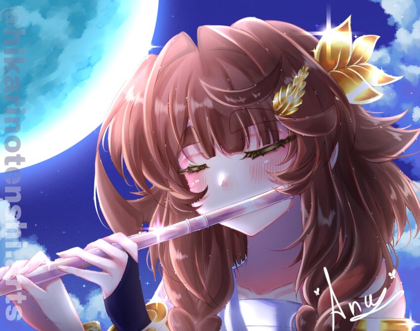 blush, brown_hair, closed_eyes, collarbone, covered_mouth, curly_sidelocks, fingerless_gloves, flute, gloves, highres, hikarinotenshi.arts, holding, holding_flute, holding_instrument, instrument, moon, music, original, playing_flute, playing_instrument, seri_(hikarinotenshi.arts), signature