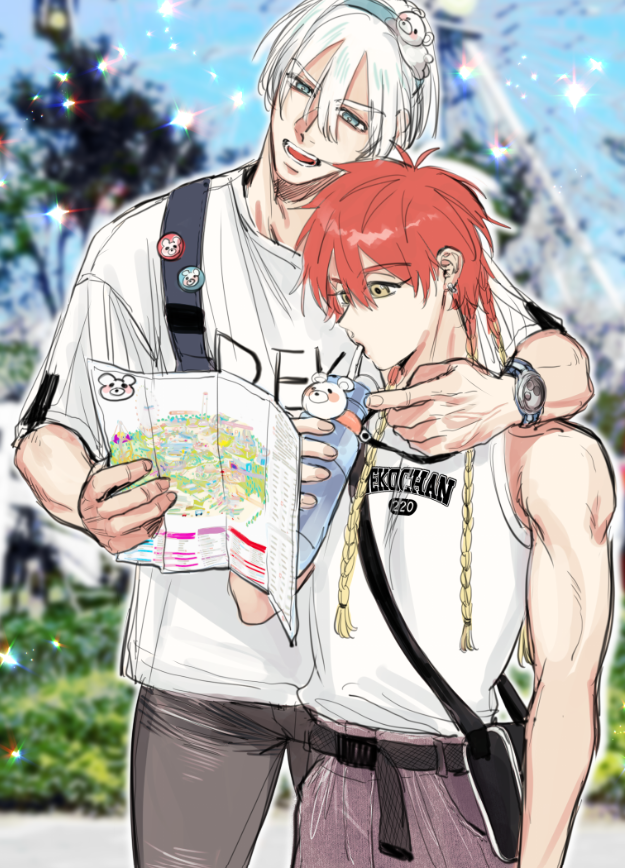 2boys, amusement_park, aqua_eyes, arm_around_neck, arm_at_side, badge, bag, belt